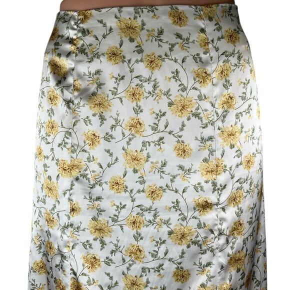 Lulus White Yellow Floral Silk Satin High Waisted Peasant Slip Midi Skirt Size M - Picture 4 of 6